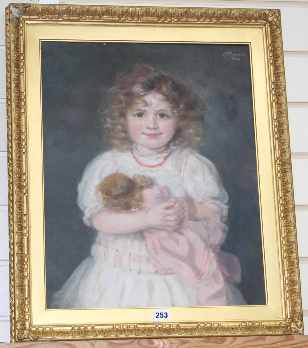 Emilie A. Browne (Exh 1881-1894) oil on canvas, Portrait of a girl holding a doll, signed and dated 1914, 50 x 40cm
